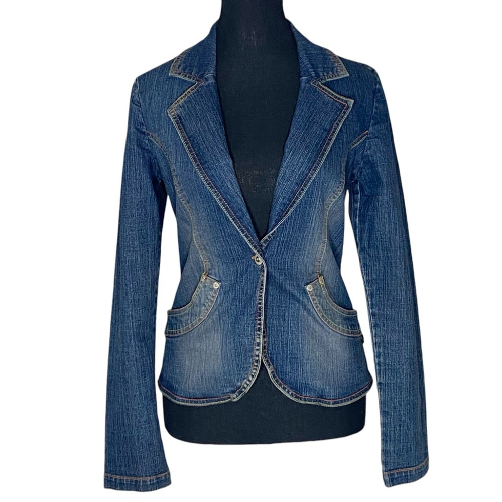 FIRST KISS Fitted Jean Jacket Denim Y2K Faded Denim Distressed Buttons Sz Small